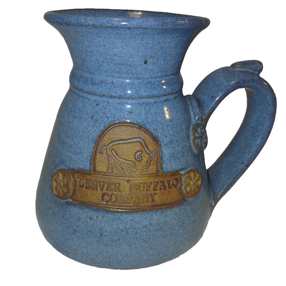 Denver Buffalo Company Travel Mug Blue Pottery Hand Thrown Heavy Rubber Bottom